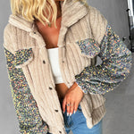 Turn-down Collar Sequin Patch Teddy Jacket