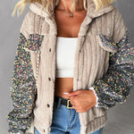 Turn-down Collar Sequin Patch Teddy Jacket