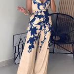 Floral Print Off Shoulder Sleeveless Deep V-Neck Jumpsuit Casual Zipper Side Wide Leg Jumpsuit
