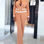 2 Pieces Outfit Contrast Paneled Single Breasted Flap Detail Crop Top and Elastic Waist Seam Front High Waist Pants Set Casual Commuting Set