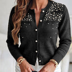 Women's Pearl Beaded Knit Cardigan Elegant Hollow Out Crop Sweater Casual Button Down Coat