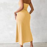 Sleeveless Ruched Cinched Waist Draped Bandeau Dress Eyelet Embroidery Slit Asymmetrical Hem Vacation Dress