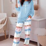 2 Pieces Outfit Letter Print Long Sleeve Top and Tie Dye Print Elastic Waist Pants Set Casual Pajamas Set