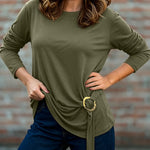 Women's Crewneck Long Sleeve Loose Fit Top Side Buckle Ruched Draped Tie Detail Casual Tee