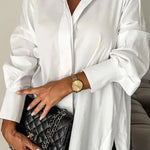 Women's Cotton Oversized Button Down Shirt Long Sleeve Blouse Casual Curved Hem Top