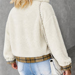 Women's Crop Sherpa Jacket Plaid Trim Fleece Coat Button Down Lapel Fluffy Outerwear