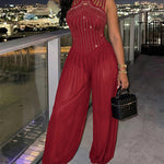 Women's Rhinestone Cutout Jumpsuit Sleeveless Sheer Chiffon Lantern Leg Overalls