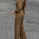 Women's 2 Piece Glitter Set Deep V Neck Lantern Sleeve Ruched Top and Wide Leg Pants with Pockets