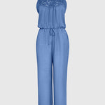 Women's Halter Jumpsuit Lace Trim Backless Overalls Tied Detail Wide Leg Jumpsuit with Pockets