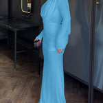 Cowl Neck Ruched Zipper Back Slim Fit Maxi Dress Casual Padded Shoulders Backless Evening Dress