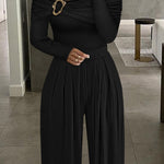 Metal Ring Decor Off Shoulder Ruched High Waist Jumpsuit Casual Cinched Waist Wide Leg Jumpsuit