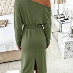 Women's Skew Neck Slit Sweatshirt Dress Casual Long Sleeve Drawstring Waist Midi Dress