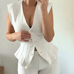 Women's Suede 2 Piece Outfits Deep V Neck Button Up Peplum Vest and High Waisted Flare Pants Set with Pockets