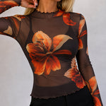 Women's Floral Print Sheer Mesh Top Frill Trim Mock Neck Long Sleeve Tee
