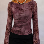 Women's Vintage Flocked Floral Boat Neck Ruched Mesh Top Long Flare Sleeve Crop Pullover