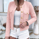 Women's French Style Cropped Jacket Round Neck Gold Button Coat Argyle Cable Jacquard Knit Outerwear