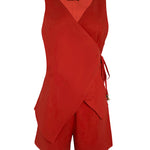 2 Pieces Outfit Plain Wrap V Neck Criss Cross Tied Detail Linen Top and Casual Pockets Patch Shorts Set