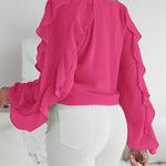 V Neck Shoulder Ruffles Design Blouse Casual Button Front Long Sleeve Top