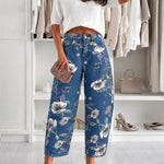 Women's Vintage Floral Printed Baggy Denim Pants Casual High Waisted Cropped Barrel Jeans