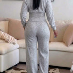 2 Pieces Outfit O-neck Long Sleeve Cinched Waist Sweatshirt and Elastic Waist Wide Leg Pants Set Casual Seam Design Sweatpants Set