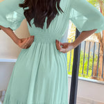 Women's V Neck Three Quarters Sleeve Maxi Dress Shirred Back Ruffle Hem Dress Elegant Flowy Chiffon Dress