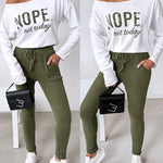 2 Pieces Outfit NOPE. not today Slogan Print Skew Neck Long Sleeve Pullover Top and Casual Drawstring Stretchy Waist Slim Fit Pants Set