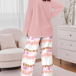 2 Pieces Outfit Letter Print Long Sleeve Top and Tie Dye Print Elastic Waist Pants Set Casual Pajamas Set