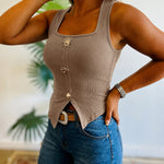 Women's Square Neck Ribbed Tank Top Vintage Abstract Gold Button Knit Camisole Slim Fit Slit Vest