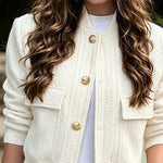 Women's Vintage Argyle Cable Knit Bomber Jacket Elegant Baseball Collar Button Down Cropped Coat with Flap Pockets
