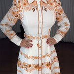 Floral Placement Print Turn-down Collar Puff Sleeve Vacation Dress Casual Button Down Shirt Dress With Belt and Lining