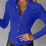 Long Sleeve Button Down Shirt Collar Neck Ruched Fitted Top