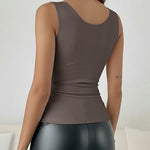 Sheer Mesh Spliced V Neck Sleeveless Built In Bra Tank Casual Warm Fleece Lined Slim Fit Top