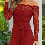 Off Shoulder Long Sleeve Eyelash Lace Spliced Slim Fit Overalls Casual Zipper Back Jumpsuit with Belt