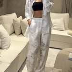 2 Pieces Outfit Jacquard Floral Turn-down Collar Button Front Pockets Design Top and Casual Elastic Back Waist Pants Set With Lining