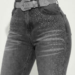 Rhinestone Decor High Waist Zipper Fly Skinny Jeans Washed Denim Pants without Belt