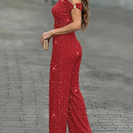 Women's Glitter Textured Two Piece Outfits Plisse Skew Neck Ruched Top and High Waisted Straight Leg Pants Set