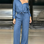 Women's 2 Piece Textured Set Button Down Shirt and Wide Leg Pants Set Casual Loose Lightweight Outfits with Pockets