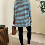 Women's Striped Henley Neck Waffle Knit Top Casual Loose Side Slit Long Sleeve Pullover