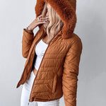 Zipper Pocket Design Shirred Fuzzy Trim Fleece Lined Hooded Puffer Jacket
