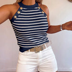 Women's Halter Neck Tank Top Striped Sleeveless Gold Button Contrast Binding Knit Top