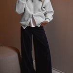 Women's Two-Way Zipper Front Stretchy Hem Coat Stand Collar Drop Shoulder Sweatshirt with Pockets