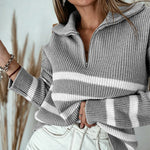 Women's Half Zip Striped Sweater Colorblock Turn-down Collar Knit Pullover Drop Shoulder Loose Fit Top