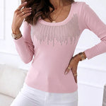 Women's Square Neck Long Sleeve Top Rhinestone Ribbed Knit Shirt Slim Fit Casual Sparkly Tee