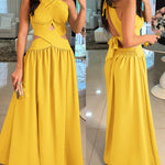Halter Sleeveless Tied Detail Shirred Criss Cross Flared Dress Glamorous Evening Dress