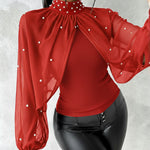 Pearls Decor High Neck Chiffon Draped Cape-style Cloak Sleeve Spliced Tee Ruched Hollow-out Back Slim Fit Top