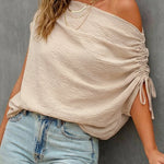 Skew Neck Drawstring Sleeve Loose Fit Casual Top