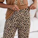 Women's Pajama Set Leopard Bow Short Sleeve Top and Loose Leopard Straight Leg Pants Casual Loungewear