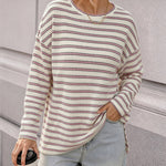 Women's Striped Textured Knit Long Sleeve T-Shirt Casual Side Slit Loose Fit Top