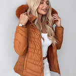 Zipper Pocket Design Shirred Fuzzy Trim Fleece Lined Hooded Puffer Jacket