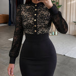 Women's Sheer Lace Puff Sleeve High Waist Midi Dress Button Front Slit Bodycon Dress